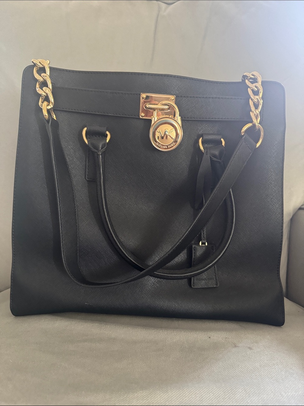 Michael Kors Black Leather Tote with Gold Chain Accents